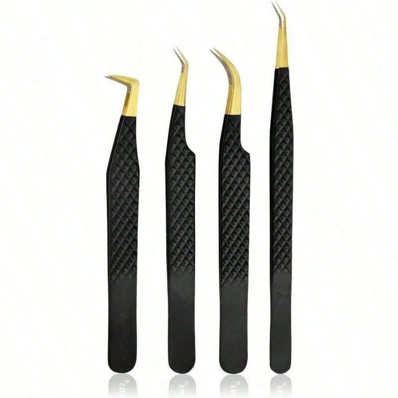 Lash Extension Tweezers - 4Pcs Black Stainless Steel Fiber Tip